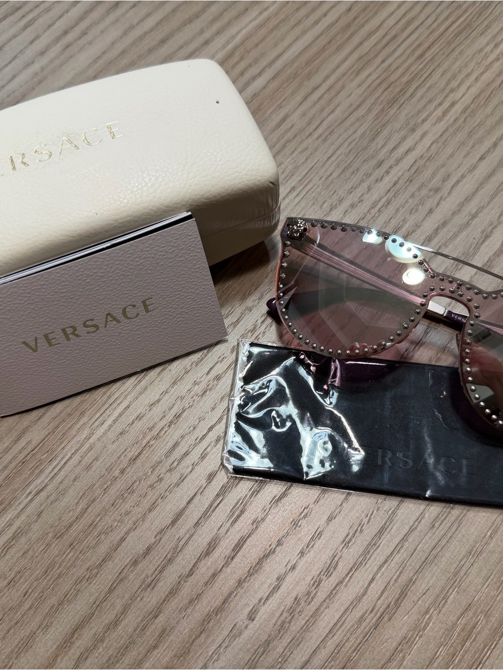 Versace Men’s Rose-Tinted Studded Shield Sunglasses